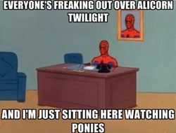 Size: 389x295 | Tagged: safe, 60s spider-man, alicorn drama, all caps, barely pony related, caption, image macro, impact font, male, meme, meta, spider-man