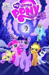 Size: 593x900 | Tagged: safe, artist:tonyfleecs, idw, official comic, applejack, fluttershy, pinkie pie, rainbow dash, rarity, twilight sparkle, pony, g4, official, comic, comic cover, cover, everfree forest, mane six, mare in the moon, moon, night