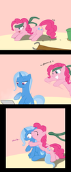 Size: 1200x2880 | Tagged: safe, artist:theparagon, pinkie pie, trixie, pony, g4, bedroom eyes, bipedal, butt shake, comic, computer, eyes closed, grin, hape, headband, hug, jumping, laptop computer, open mouth, pounce, raised hoof, sitting, smirk, wide eyes