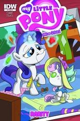 Size: 900x1366 | Tagged: safe, artist:sibsy, idw, official comic, rarity, sweetie belle, pony, g4, my little pony micro-series, baby, baby belle, baby pony, comic cover, cover, filly, foal, gem, mouth hold, needle, sewing, younger