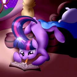 Size: 1200x1200 | Tagged: safe, artist:poneebill, twilight sparkle, pony, g4, bed, blanket, book, cute, female, mouth hold, night, pencil, reading, solo, writing