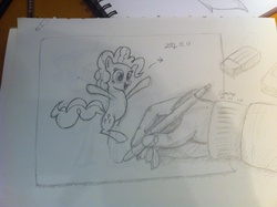 Size: 2592x1936 | Tagged: safe, artist:camaine, pinkie pie, earth pony, pony, g4, female, hand, mare, open mouth, pen, photo, raised hooves, smiling, solo, spread hooves, traditional art