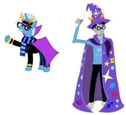 Size: 937x853 | Tagged: safe, artist:jewelsfriend, trixie, pony, unicorn, g4, cape, clothes, clothes swap, cosplay, crossover, eridan ampora, fake horns, female, hat, homestuck, male, mare, scarf, trixie's cape, trixie's hat, troll (homestuck), why