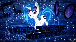 Size: 1920x1080 | Tagged: safe, artist:utterlyludicrous, dj pon-3, vinyl scratch, pony, unicorn, g4, cutie mark, female, glasses, hooves, horn, mare, smiling, solo, sunglasses, teeth, text, vector, wallpaper