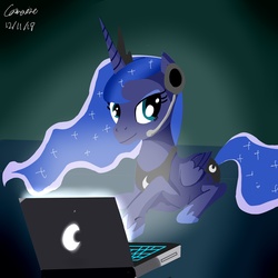 Size: 3000x3000 | Tagged: safe, artist:camaine, princess luna, pony, gamer luna, g4, computer, female, prone, solo