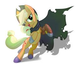 Size: 2921x2401 | Tagged: safe, artist:wicklesmack, applejack, cyborg, earth pony, pony, g4, amputee, appleborg, cape, clothes, female, mare, prosthetic leg, prosthetic limb, rearing, simple background, solo, steampunk, transparent background
