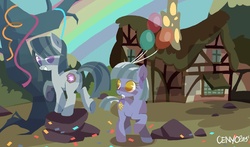 Size: 1436x844 | Tagged: safe, artist:cenyo, limestone pie, marble pie, earth pony, pony, g4, balloon, confetti, duo, duo female, female, older, pie sisters, siblings, sisters
