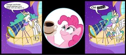 Size: 1100x482 | Tagged: safe, pinkie pie, princess celestia, g4, censored vulgarity, coffee, crossing the memes, exploitable meme, look what pinkie found, meme, pinkie found the coffee, telescope meme, this will end in tears, xk-class end-of-the-world scenario