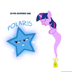 Size: 1400x1400 | Tagged: dead source, safe, artist:navitaserussirus, trixie, twilight sparkle, genie, asktwixiegenies, g4, catasterism, happy, inanimate tf, laughing, polaris, simple background, smiling, stars, transformation, transparent background, xd