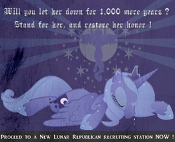 Size: 800x650 | Tagged: dead source, safe, artist:fraztov, princess luna, pony, g4, female, new lunar republic, prone, propaganda, s1 luna, solo