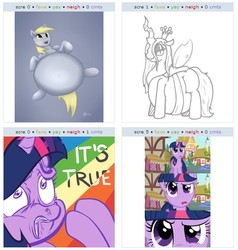 Size: 536x564 | Tagged: artist needed, safe, screencap, derpy hooves, queen chrysalis, twilight sparkle, changeling, pegasus, pony, derpibooru, g4, female, hyper, hyper belly, hyper pregnancy, impossibly large belly, juxtaposition go die in a fire, mare, pregnant