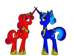 Size: 4608x3456 | Tagged: safe, artist:knuckles1367, oc, oc only, oc:princess ruby, oc:princess sapphire, alicorn, pony, alicorn oc, blue, bow, gem, mascot, pokémon, pokémon ruby and sapphire, ponified, red, ruby, sapphire