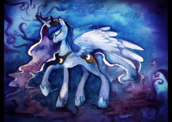 Size: 1063x752 | Tagged: safe, artist:black-namer, princess luna, pony, g4, abstract background, aquarelle, eyes closed, female, large wings, limited palette, painting, partially open wings, solo, traditional art, walking, watercolor painting, wings