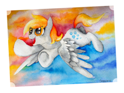 Size: 1489x1125 | Tagged: safe, artist:black-namer, derpy hooves, pegasus, pony, g4, female, flying, mare, photo, solo, watercolor painting