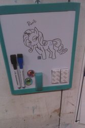 Size: 900x1350 | Tagged: safe, rarity, pony, unicorn, g4, female, lidded eyes, looking at you, mare, marker drawing, photo, raised hoof, solo, text, traditional art, whiteboard