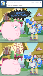 Size: 650x1135 | Tagged: safe, artist:mixermike622, sapphire shores, oc, oc:fluffle puff, earth pony, pony, tumblr:ask fluffle puff, g4, amused, bedroom eyes, butt, duo, female, happy, mare, plot, tumblr