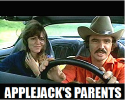 Size: 321x258 | Tagged: safe, applejack's parents, backstory, burt reynolds, car, headcanon, photo, pontiac firebird, sally field, smokey and the bandit