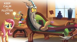 Size: 1209x660 | Tagged: dead source, safe, artist:sophiesplushies, discord, fluttershy, pegasus, pony, g4, keep calm and flutter on, cup, discord lamp, fainting couch, lounge, lying down, teacup