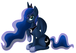 Size: 1432x1000 | Tagged: safe, artist:sakwc, princess luna, alicorn, pony, g4, female, looking at you, mare, raised hoof, simple background, sitting, solo, transparent background