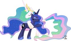 Size: 11480x6670 | Tagged: safe, artist:90sigma, princess celestia, princess luna, alicorn, pony, g4, absurd resolution, come hug me sis, duo, duo female, eyes closed, female, hug, jewelry, mare, regalia, royal sisters, siblings, simple background, sisters, transparent background, vector