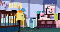 Size: 629x343 | Tagged: safe, edit, edited screencap, screencap, pumpkin cake, pony, unicorn, g4, caption, condom, foal, youtube caption