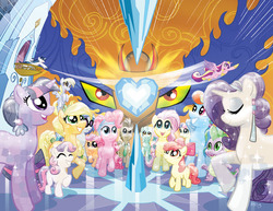 Size: 1000x771 | Tagged: safe, artist:tonyfleecs, idw, official comic, apple bloom, applejack, bon bon, derpy hooves, dj pon-3, doctor whooves, fluttershy, king sombra, lyra heartstrings, pinkie pie, princess cadance, rainbow dash, rarity, scootaloo, shining armor, spike, sweetie belle, sweetie drops, time turner, twilight sparkle, vinyl scratch, crystal pony, dragon, earth pony, pegasus, pony, unicorn, g4, official, clean, comic, cover, crystal heart, crystal rarity, crystal spike, crystallized, cutie mark crusaders, epic wife tossing, female, filly, mane seven, mane six, mare, no logo, textless