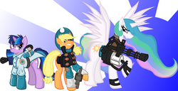 Size: 1280x653 | Tagged: safe, artist:zeldacourage, applejack, princess celestia, twilight sparkle, g4, crossover, demo jack, demoman, demoman (tf2), heavy (tf2), medic, medic (tf2), team fortress 2