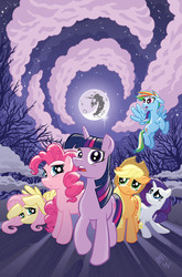 Size: 659x1000 | Tagged: safe, artist:tony fleecs, idw, official comic, applejack, fluttershy, pinkie pie, rainbow dash, rarity, twilight sparkle, pony, g4, official, clean, comic, cover, moon, no logo, textless