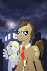 Size: 757x1149 | Tagged: safe, artist:tony fleecs, idw, official comic, derpy hooves, doctor whooves, time turner, earth pony, pegasus, pony, g4, official, clean, comic, cover, crossover, doctor who, female, male, mare, parody, sonic screwdriver, stallion, tardis, the doctor