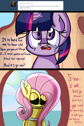 Size: 997x1500 | Tagged: safe, artist:extradan, fluttershy, twilight sparkle, pony, robot, robot pony, ask flutterbot, g4, ask, comic, crying, female, mare, roboticization, tumblr