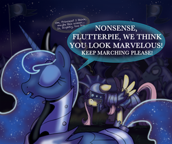 Size: 2000x1668 | Tagged: safe, artist:professor-ponyarity, fluttershy, princess luna, g4, armor, flag, night, night guard, too big