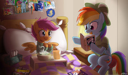 Size: 1500x888 | Tagged: safe, artist:johnjoseco, apple bloom, daring do, princess luna, rainbow dash, scootaloo, sweetie belle, alicorn, earth pony, pegasus, pony, unicorn, g4, adventure, backlighting, backwards cutie mark, bed, book, caring for the sick, clothes, comic book, costume, cute, duo, female, filly, foal, food, happy, hat, juice, mare, marvel, open mouth, photo, photos, pith helmet, reading, scootalove, sick, smiling, soup, tissue box, x-men