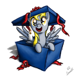 Size: 896x896 | Tagged: safe, artist:myminiatureequine, derpy hooves, pegasus, pony, g4, box, female, mare, pony in a box, present, simple background, solo, transparent background