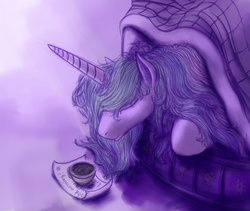 Size: 900x759 | Tagged: safe, artist:grayma1k, princess celestia, alicorn, pony, g4, bed, bed mane, blanket, coffee, eyes closed, female, letter, messy mane, morning ponies, note, solo, waking up