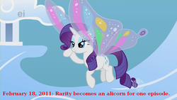 Size: 1280x720 | Tagged: safe, edit, edited screencap, screencap, rarity, pony, unicorn, g4, sonic rainboom (episode), ei, female, glimmer wings, hub logo, lidded eyes, solo, text