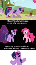 Size: 500x903 | Tagged: safe, pinkie pie, twilight sparkle, g4, fourth wall, looking at you, shrug, shrugpony