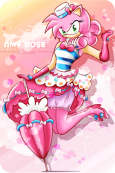 Size: 1000x1501 | Tagged: dead source, safe, artist:tiffanymarsou, pinkie pie, earth pony, anthro, g4, amy rose, clothes, cosplay, crossover, dress, gala dress, looking at you, pose, sonic the hedgehog (series)