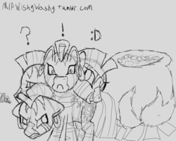 Size: 1280x1024 | Tagged: safe, artist:clexyoshi, zecora, hybrid, hydra, zebra, g4, 30 minute art challenge, cauldron, exclamation point, female, fire, gray background, monochrome, multiple heads, question mark, simple background, solo, species swap