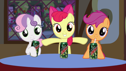 Size: 1280x720 | Tagged: safe, artist:capnpea, edit, edited screencap, screencap, apple bloom, scootaloo, sweetie belle, g4, one bad apple, cutie mark crusaders, fimbriae, mountain dew, product placement