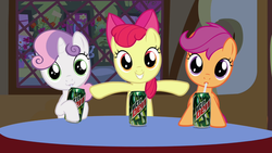 Size: 1280x720 | Tagged: safe, artist:capnpea, edit, edited screencap, screencap, apple bloom, scootaloo, sweetie belle, g4, my little pony: friendship is magic, one bad apple, cutie mark crusaders, fimbriae, mountain dew, product placement