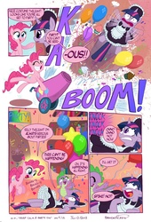 Size: 677x994 | Tagged: safe, artist:brenda hickey, pinkie pie, spike, twilight sparkle, dragon, pony, unicorn, comic:keep calm and party on, g4, balloon, clothes, comic, golden oaks library, heart, maid, party, party cannon, pony cannonball, unicorn twilight