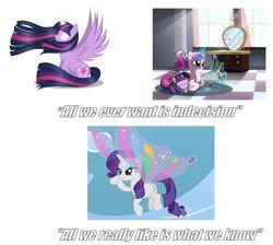 Size: 838x750 | Tagged: safe, edit, edited screencap, screencap, princess cadance, rarity, twilight sparkle, alicorn, pony, unicorn, g4, sonic rainboom (episode), alicorn drama, female, glimmer wings, gossamer wings, magic, mare, meta, telekinesis, twilight sparkle (alicorn)