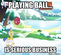 Size: 640x580 | Tagged: safe, edit, edited screencap, gameloft, screencap, pegasus, pony, g4, ball, caption, image macro, male, royal guard, serious business, snow, stallion