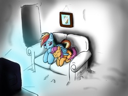 Size: 2184x1633 | Tagged: safe, artist:globalpredatorx, rainbow dash, scootaloo, g4, couch, scootalove, television, winghug