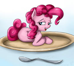 Size: 1112x993 | Tagged: safe, artist:rule1of1coldfire, pinkie pie, earth pony, pony, g4, bedroom eyes, ear fluff, female, lying down, mare, open mouth, plate, smiling, solo, spoon
