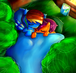 Size: 3413x3293 | Tagged: safe, artist:wendysakana, daring do, rainbow dash, scootaloo, pegasus, pony, g4, book, cuddling, cute, daring do book, duo, duo female, female, filly, foal, mare, pillow, scootalove, signature, sleeping, sleeping bag, spread wings, wings
