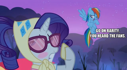 Size: 1272x704 | Tagged: safe, edit, edited screencap, screencap, rainbow dash, rarity, pegasus, pony, unicorn, g4, sleepless in ponyville, blushing, caption, female, image macro, mare, text