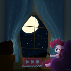 Size: 1024x1024 | Tagged: safe, artist:ifthemainecoon, pinkie pie, g4, moon, night, remote, television, unamused, window