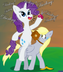 Size: 1241x1422 | Tagged: source needed, safe, artist:senx, derpy hooves, rarity, pegasus, pony, unicorn, g4, banana peel, bipedal, darling, derp, duo, duo female, feed bag, female, horn, mare, one word, ponies riding ponies, rerity, riding, scissors, sweat, sweatdrop, this will end in tears and/or death