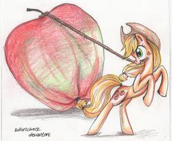 Size: 7376x6042 | Tagged: safe, artist:kulturschock, applejack, earth pony, pony, g4, absurd resolution, apple, female, mouth hold, rearing, rope, sketch, solo, traditional art